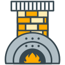 A cartoon oven with a brick chimney and fire inside.