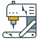 Stylized sewing machine icon in grey, white, and orange.