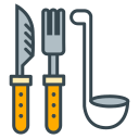 Kitchen utensils: a knife, fork, and ladle.