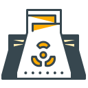 A stylized nuclear power plant with a radiation symbol.