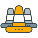 Three stylized traffic cones, one orange and two gray.