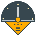 A stylized dark grey and orange gauge icon.