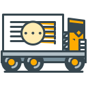 A cartoon delivery truck with a yellow circle design