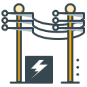 Two utility poles with power lines and a transformer box.