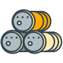 Three stacked barrels, two grey and one orange.