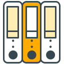 Three file binders, one orange, standing upright