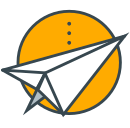 Un avion en papier volant sur un cercle orange orné de points.