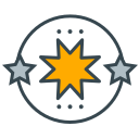 Orange starburst with two grey stars in a circle.