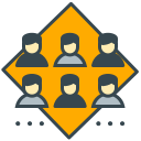 Seis iconos de usuario estilizados en forma de diamante naranja.