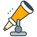 A stylized orange telescope on a grey stand.