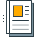 Two stacked documents with text and an orange square.