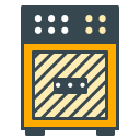 A stylized guitar amplifier with controls and a striped speaker.