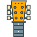 Stylized guitar headstock and fretboard on a white background.