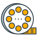 A film reel with orange frames and a film strip