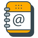 Un carnet d’adresses orange avec un symbole « at ».