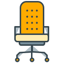 Une chaise de bureau orange avec des roues sur fond blanc.
