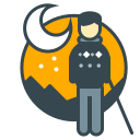 Person in sweater against night sky with moon and mountains