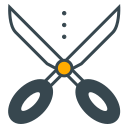Grey scissors with an orange pivot point and dotted line.