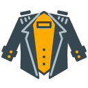 A dark jacket with an orange shirt and epaulets.