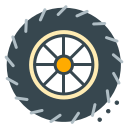 A cartoon tractor wheel with a yellow hub and dirt.