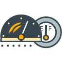 Dashboard gauges showing speed and fuel levels.