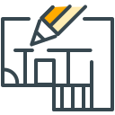 An orange and grey pencil drawing a building floor plan.