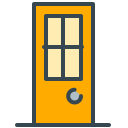 A yellow door with a window and a doorknob.
