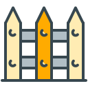 A cartoon fence with yellow and orange pointed pickets.