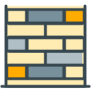 Decorative wall structure with yellow, blue, and orange blocks.