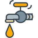 A cartoon faucet with a single water drop falling.