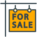A yellow 'for sale' sign hanging from a post