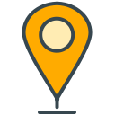 An orange location pin icon with a dark outline.