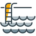 Swimming pool with a ladder and wavy water.