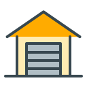 A simple icon of a garage with a yellow roof.