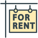 A yellow "for rent" sign hanging on a post.