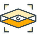 Forma de diamante estilizada con icono de ojo y soportes de enfoque.