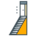 Stairs leading up to a closed door with three dots