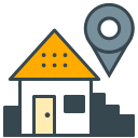 A house icon with a location pin and steps.