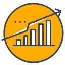 Yellow circle with a growing bar chart and trend line.