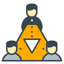 Three stylized figures surrounding an orange triangular icon.
