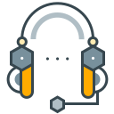 A stylized icon of headphones with a microphone.