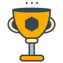 A golden trophy with a hexagonal emblem and three dots.