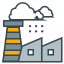 Factory building with smokestack emitting smoke and particles.
