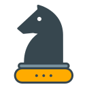 A dark grey chess knight piece with an orange base.