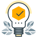 A lightbulb with a checkmark inside, surrounded by leaves.