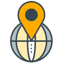 Orange location pin on a globe, resembling a person.