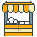 Cartoon market stall with striped awning and items.