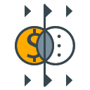 Overlapping dollar coin and plain circle with a central divider.