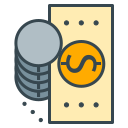 A stack of silver coins next to a dollar bill.