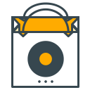 Shopping bag icon featuring a speaker and orange accents.